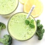 Green juice, vitality juice with cucumber, broccoli, kale, lemon, ginger, apple