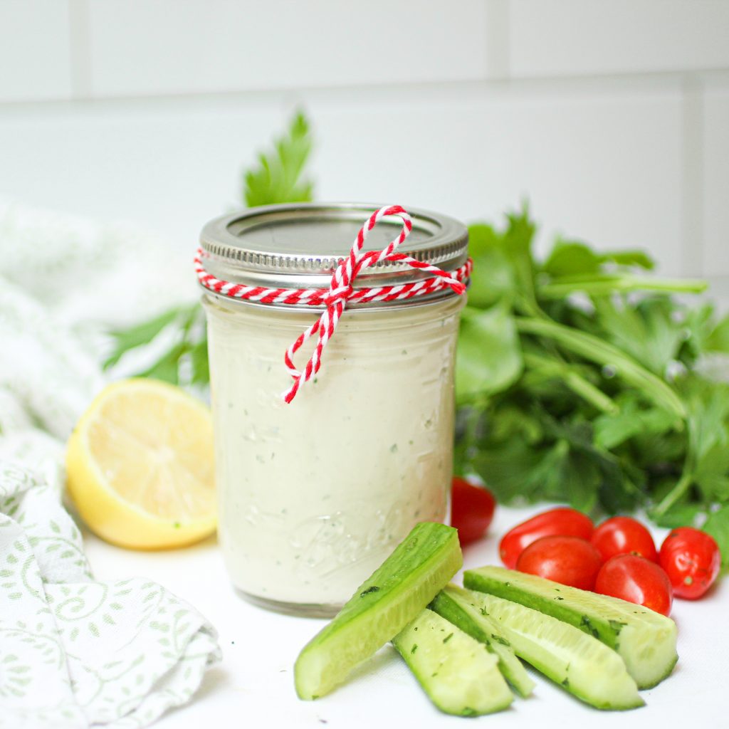A jar of vegan ranch dressing
