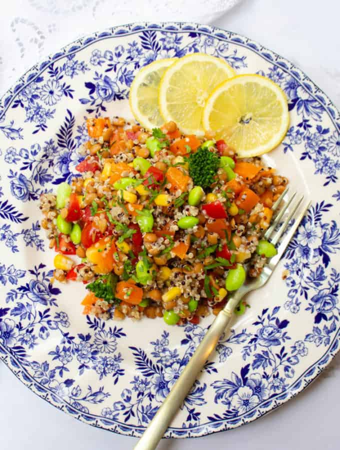 A plate of quinoa lentil salad